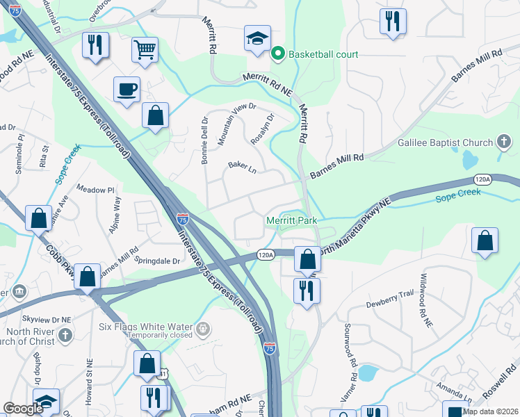 map of restaurants, bars, coffee shops, grocery stores, and more near 1224 Beech Street in Marietta