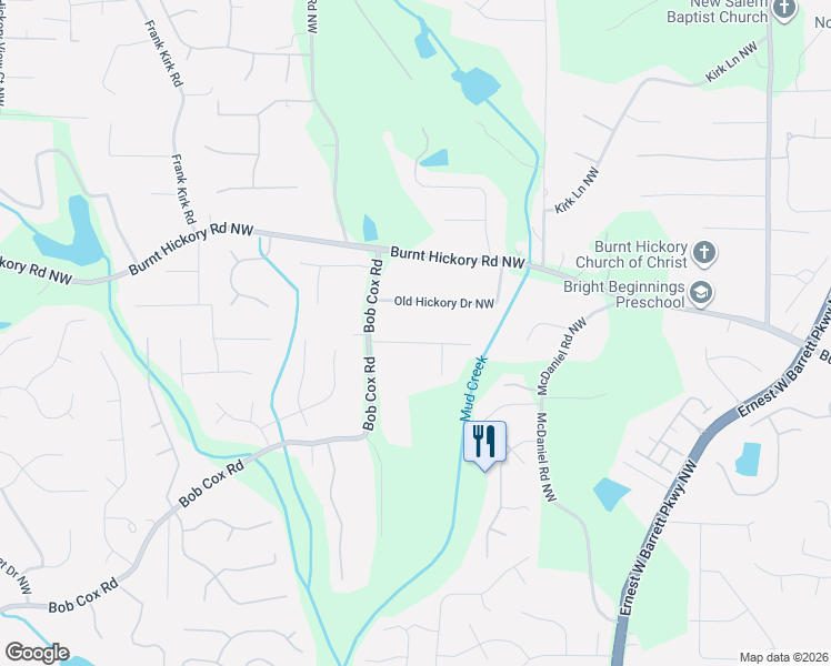 map of restaurants, bars, coffee shops, grocery stores, and more near 2720 Creekview Point Northwest in Marietta