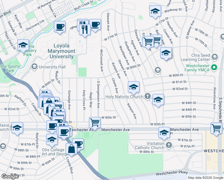 map of restaurants, bars, coffee shops, grocery stores, and more near 8120 McConnell Avenue in Los Angeles