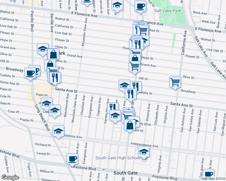 map of restaurants, bars, coffee shops, grocery stores, and more near 3112 Cudahy Street in Huntington Park