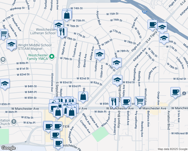 map of restaurants, bars, coffee shops, grocery stores, and more near 8122 Airlane Avenue in Los Angeles