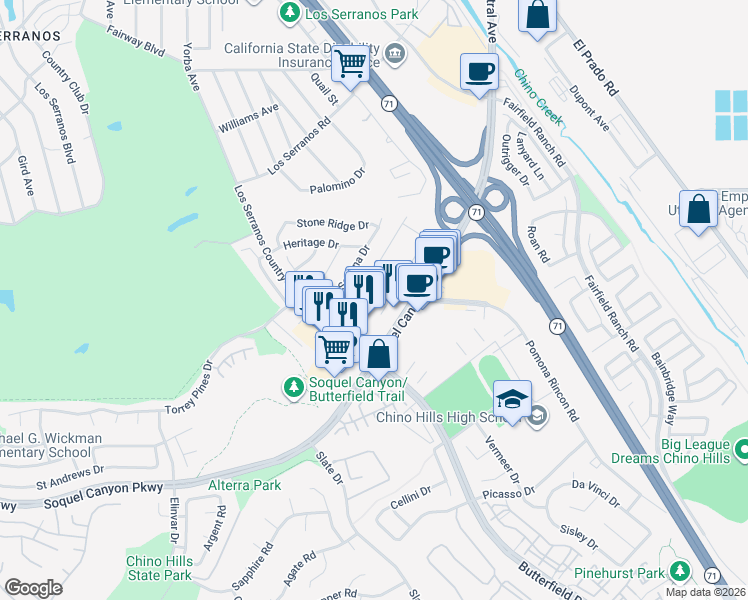 map of restaurants, bars, coffee shops, grocery stores, and more near 15940 Ellington Way in Chino Hills