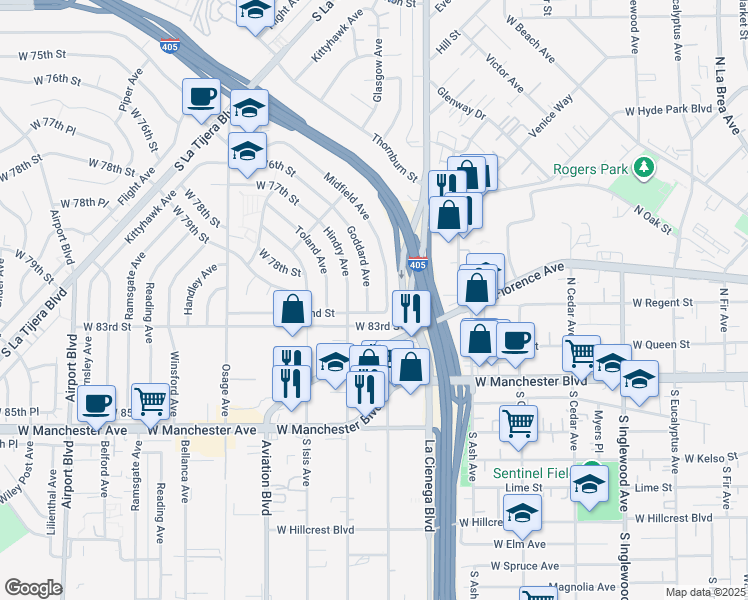 map of restaurants, bars, coffee shops, grocery stores, and more near 7840 Goddard Avenue in Los Angeles