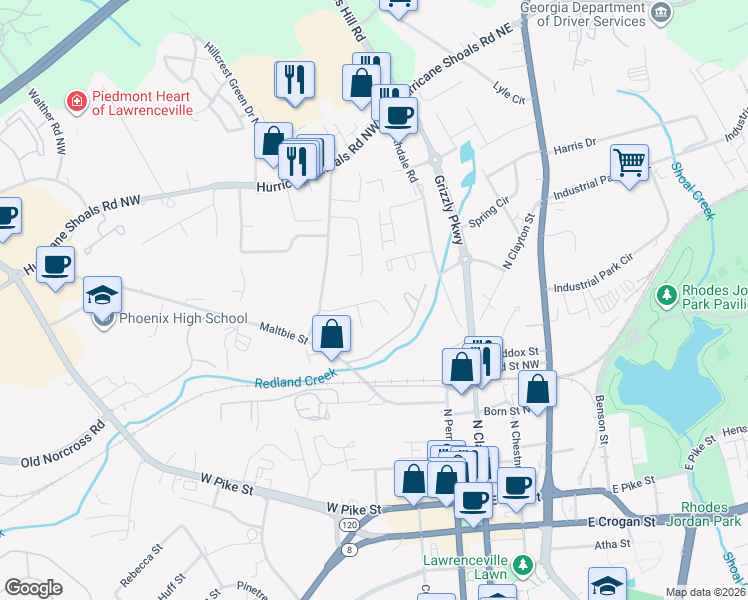 map of restaurants, bars, coffee shops, grocery stores, and more near 213 Scarlet Way in Lawrenceville