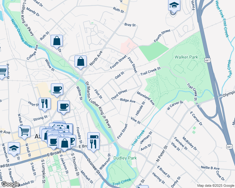 map of restaurants, bars, coffee shops, grocery stores, and more near 220 John Street in Athens