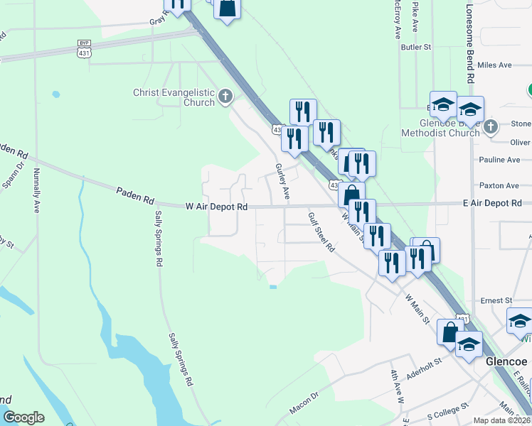 map of restaurants, bars, coffee shops, grocery stores, and more near 304 West Air Depot Road in Gadsden