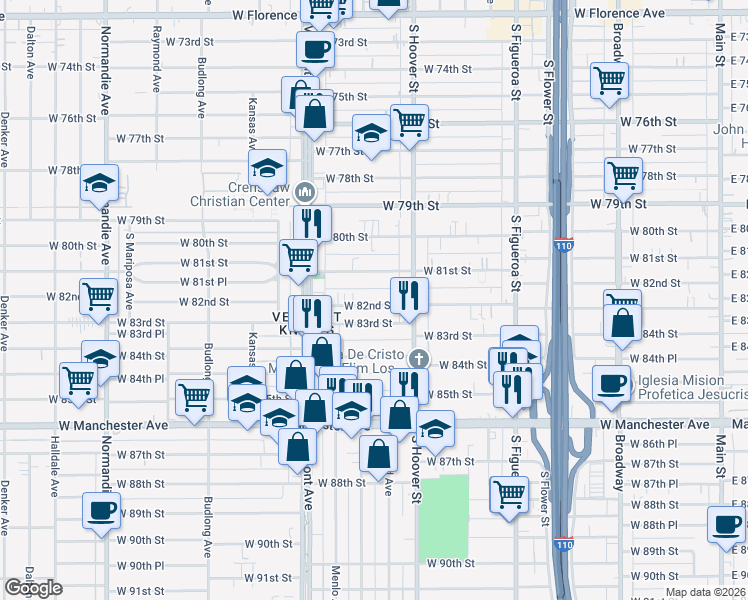 map of restaurants, bars, coffee shops, grocery stores, and more near 835 West 82nd Street in Los Angeles