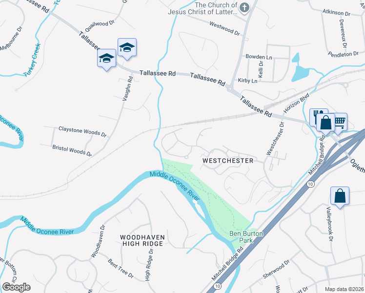 map of restaurants, bars, coffee shops, grocery stores, and more near 121 Lake Drive in Athens