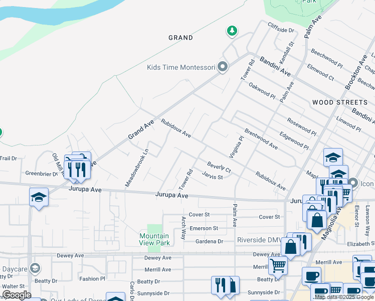 map of restaurants, bars, coffee shops, grocery stores, and more near 4775 Beverly Court in Riverside