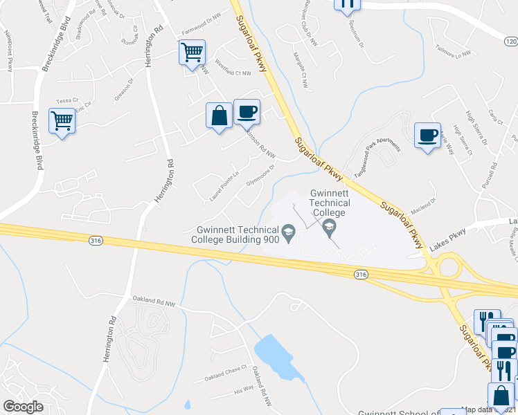 map of restaurants, bars, coffee shops, grocery stores, and more near 1381 Glynview Circle in Lawrenceville