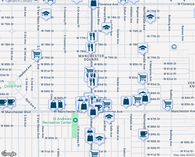 map of restaurants, bars, coffee shops, grocery stores, and more near 1734 West 82nd Street in Los Angeles