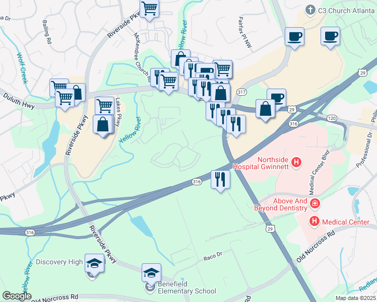 map of restaurants, bars, coffee shops, grocery stores, and more near 900 Legacy Park Drive in Lawrenceville