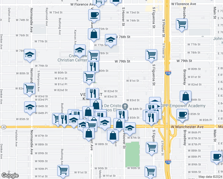 map of restaurants, bars, coffee shops, grocery stores, and more near 845 West 82nd Street in Los Angeles