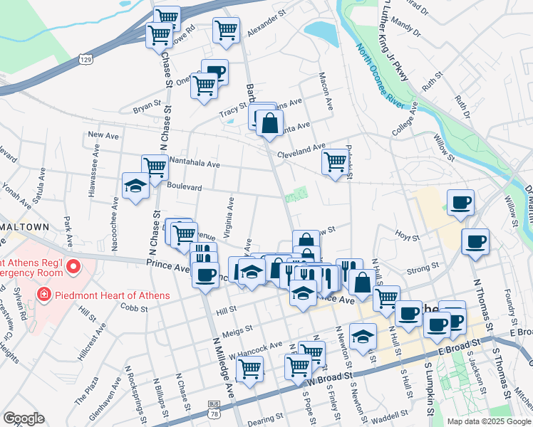 map of restaurants, bars, coffee shops, grocery stores, and more near 186 Grady Avenue in Athens