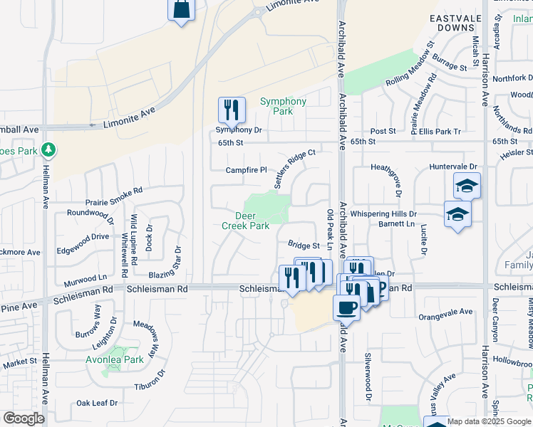map of restaurants, bars, coffee shops, grocery stores, and more near 6785 Iron Horse Lane in Eastvale