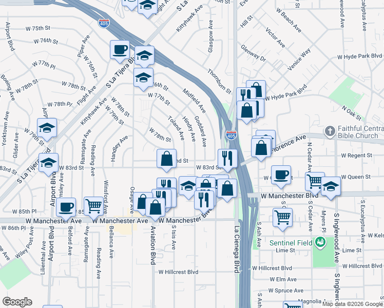 map of restaurants, bars, coffee shops, grocery stores, and more near 7849 Hindry Avenue in Los Angeles