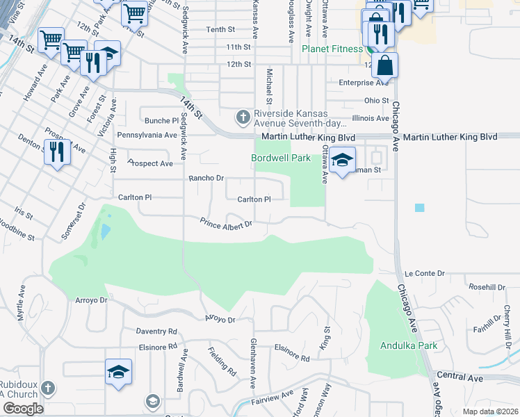 map of restaurants, bars, coffee shops, grocery stores, and more near 4752 Kansas Avenue in Riverside