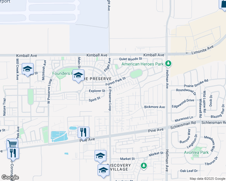 map of restaurants, bars, coffee shops, grocery stores, and more near 8505 Founders Grove Street in Chino