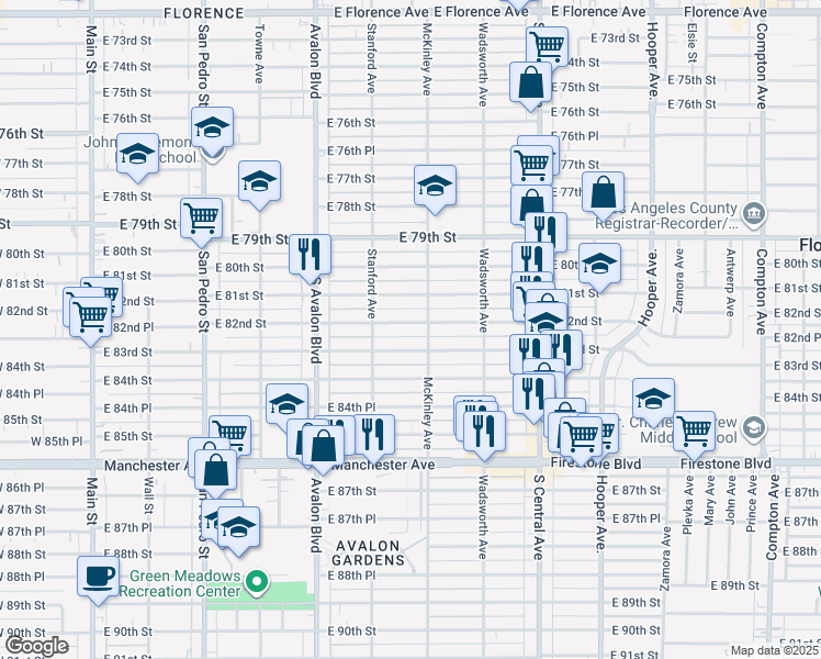 map of restaurants, bars, coffee shops, grocery stores, and more near 742 East 82nd Street in Los Angeles