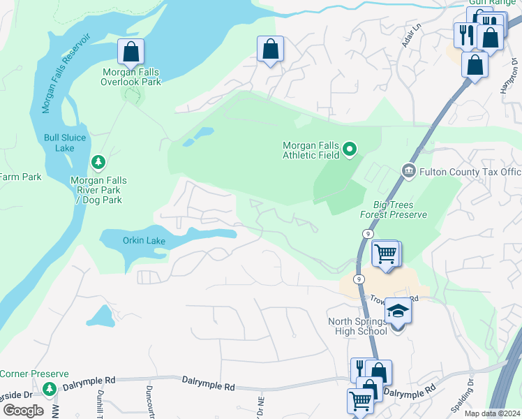 map of restaurants, bars, coffee shops, grocery stores, and more near 3104 Santa Fe Parkway in Sandy Springs