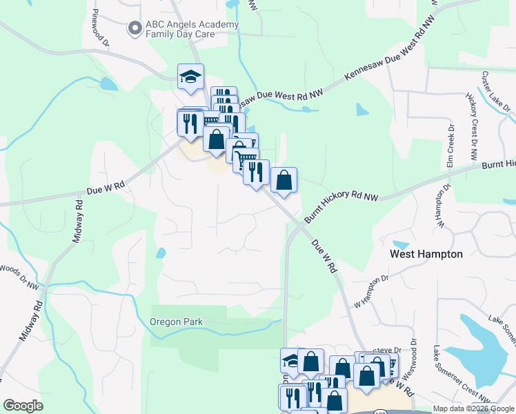 map of restaurants, bars, coffee shops, grocery stores, and more near 3870 Lisas Drive in Marietta