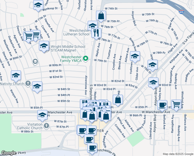 map of restaurants, bars, coffee shops, grocery stores, and more near 8120 Naylor Avenue in Los Angeles