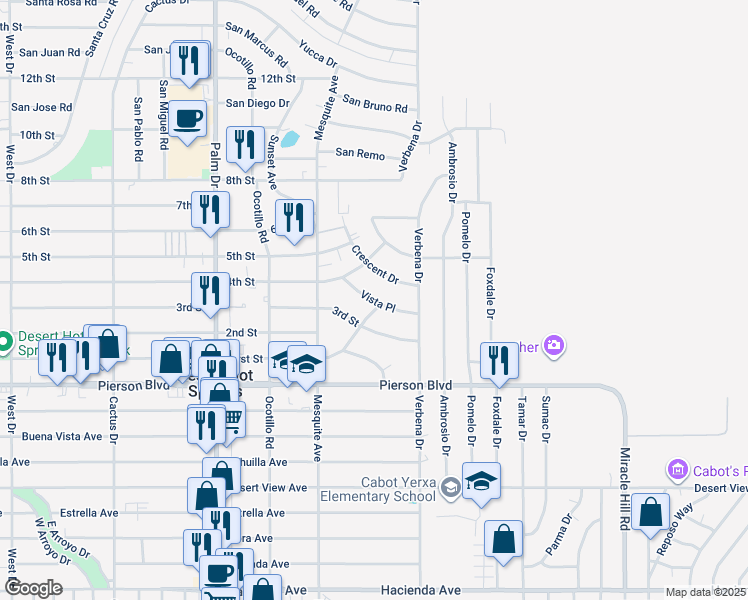 map of restaurants, bars, coffee shops, grocery stores, and more near 66900 Vista Place in Desert Hot Springs