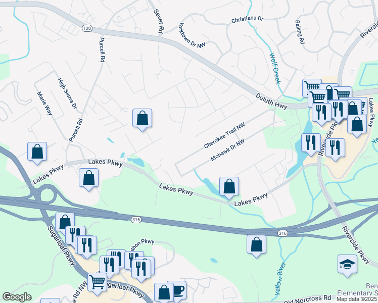 map of restaurants, bars, coffee shops, grocery stores, and more near 1421 Cherokee Trail Northwest in Lawrenceville