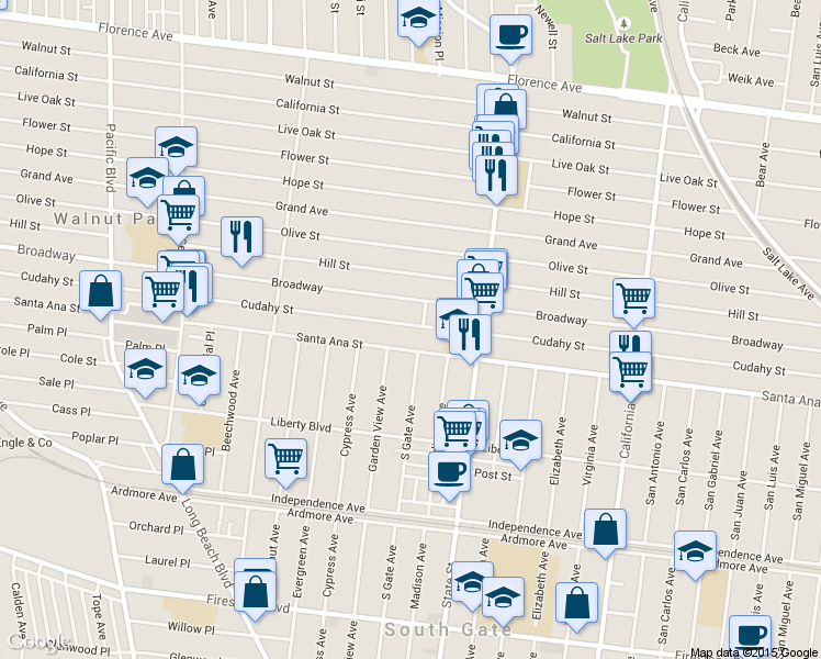 map of restaurants, bars, coffee shops, grocery stores, and more near 3124 Cudahy Street in Walnut Park