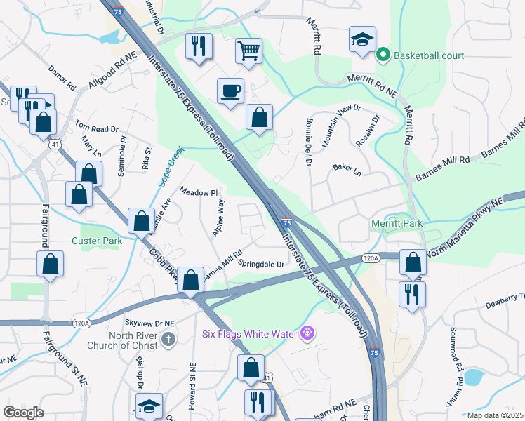 map of restaurants, bars, coffee shops, grocery stores, and more near 701 Glenivy in Marietta