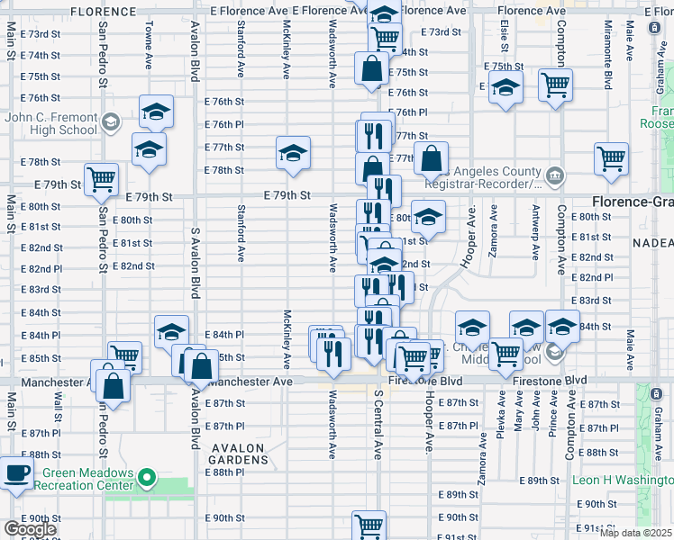 map of restaurants, bars, coffee shops, grocery stores, and more near 904 East 82nd Street in Los Angeles