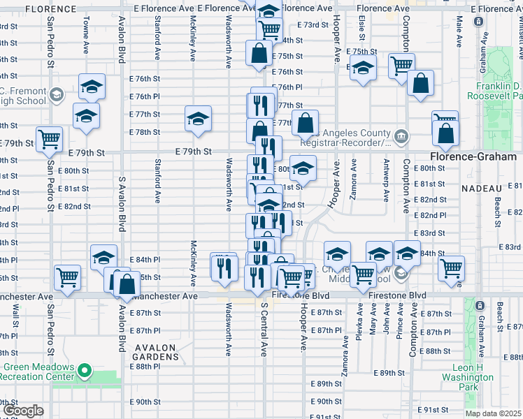 map of restaurants, bars, coffee shops, grocery stores, and more near 1018 East 82nd Street in Los Angeles