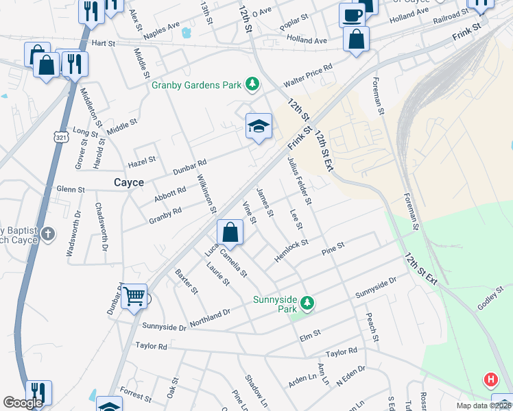 map of restaurants, bars, coffee shops, grocery stores, and more near 1308 Lucas Street in Cayce