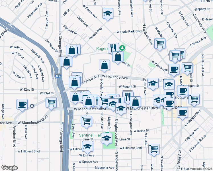 map of restaurants, bars, coffee shops, grocery stores, and more near 437 West Regent Street in Inglewood