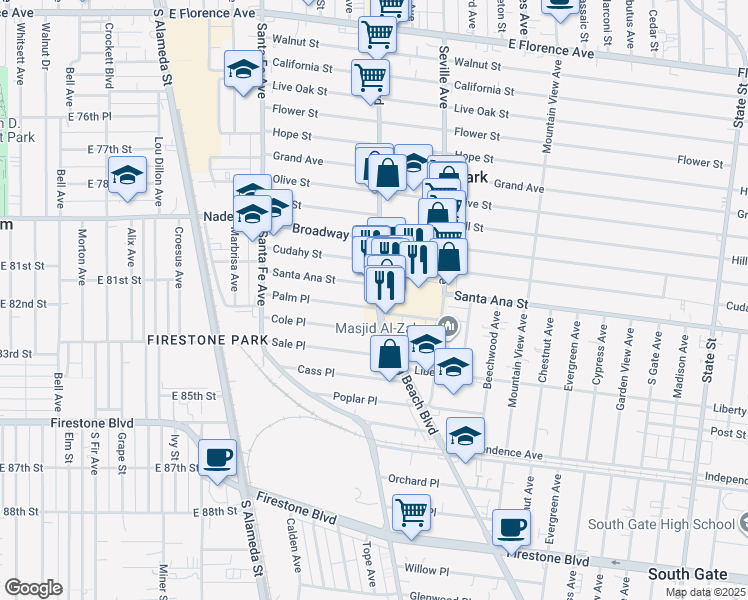 map of restaurants, bars, coffee shops, grocery stores, and more near 8115 Long Beach Boulevard in South Gate