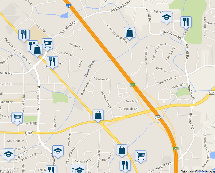 map of restaurants, bars, coffee shops, grocery stores, and more near 543 Alpine Way in Marietta