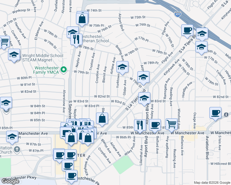map of restaurants, bars, coffee shops, grocery stores, and more near 8107 Yorktown Avenue in Los Angeles