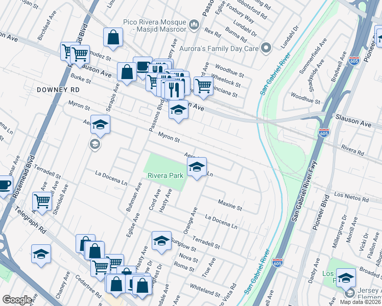 map of restaurants, bars, coffee shops, grocery stores, and more near 9555 Aero Drive in Pico Rivera