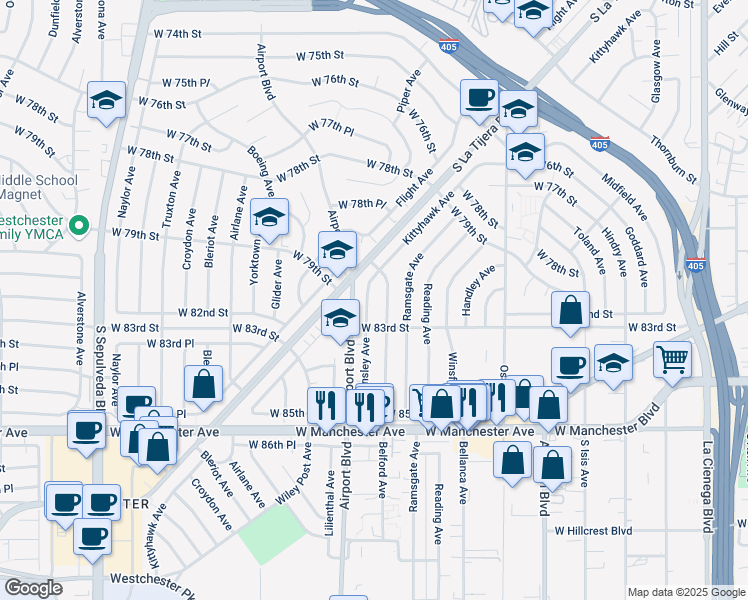 map of restaurants, bars, coffee shops, grocery stores, and more near 8140 Barnsley Avenue in Los Angeles