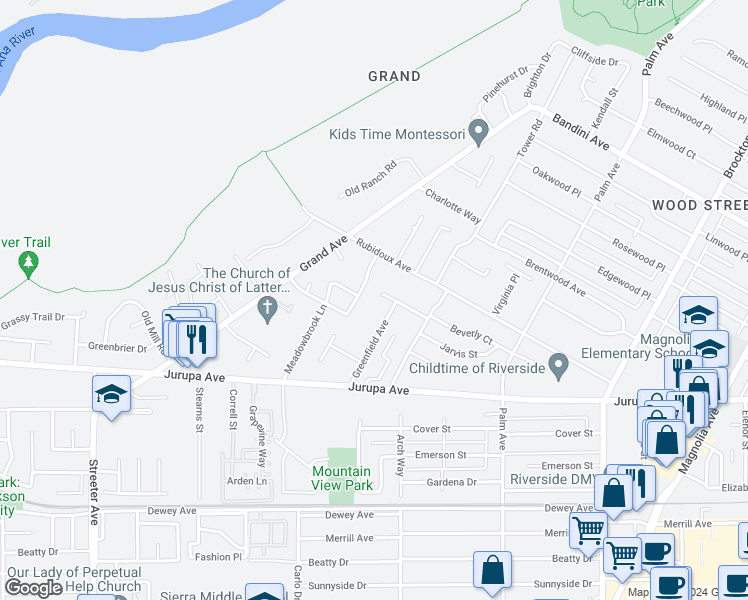 map of restaurants, bars, coffee shops, grocery stores, and more near 4818 Beverly Court in Riverside