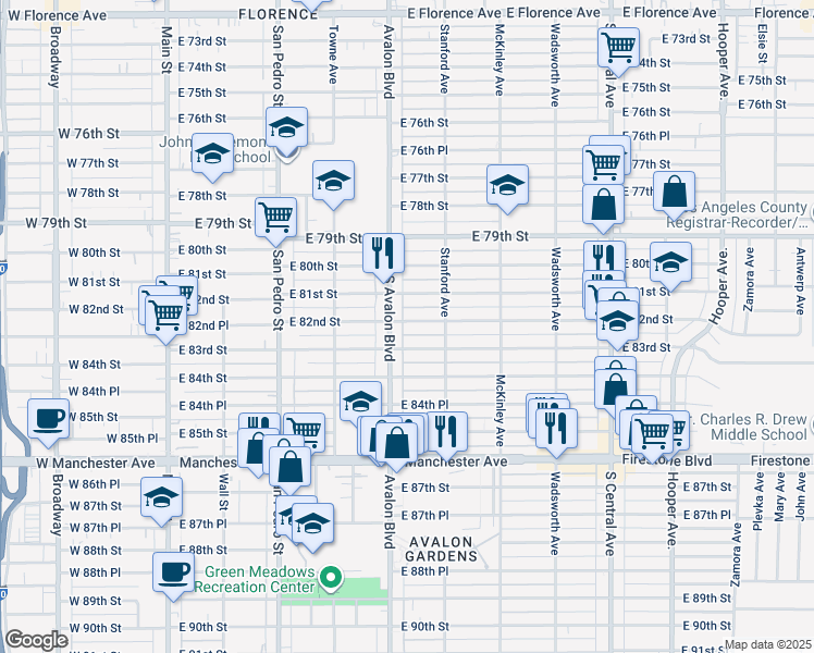 map of restaurants, bars, coffee shops, grocery stores, and more near 614 East 82nd Street in Los Angeles