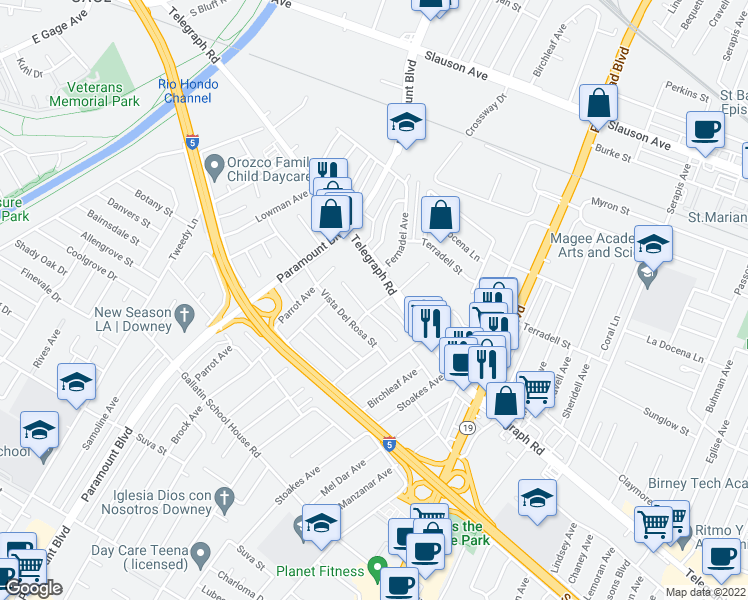 map of restaurants, bars, coffee shops, grocery stores, and more near 8621 Birchbark Avenue in Downey