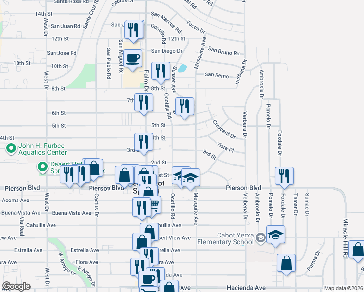 map of restaurants, bars, coffee shops, grocery stores, and more near 66705 4th Street in Desert Hot Springs