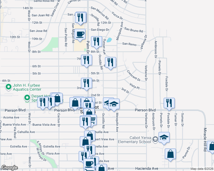 map of restaurants, bars, coffee shops, grocery stores, and more near 66638 3rd Street in Desert Hot Springs