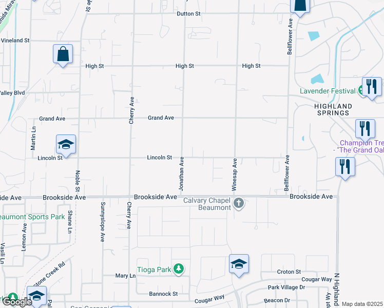 map of restaurants, bars, coffee shops, grocery stores, and more near 40278 Lincoln Street in Cherry Valley