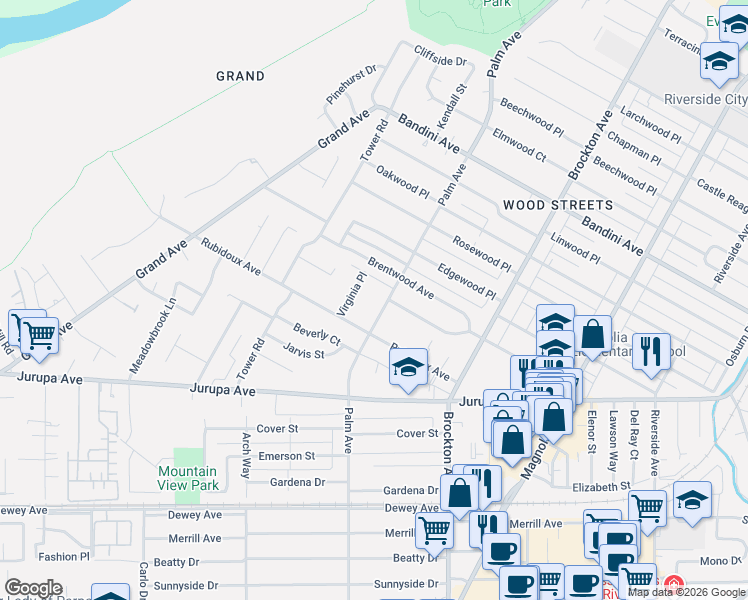 map of restaurants, bars, coffee shops, grocery stores, and more near 5854 Virginia Place in Riverside