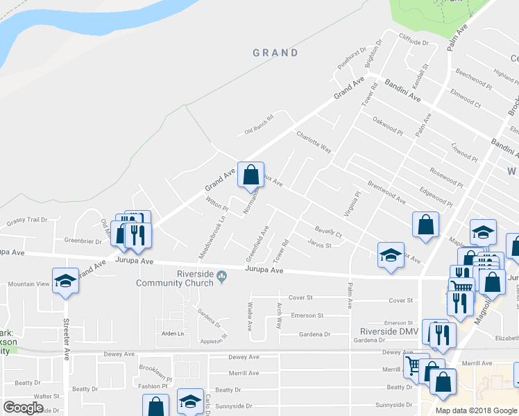 map of restaurants, bars, coffee shops, grocery stores, and more near 4818 Beverly Court in Riverside