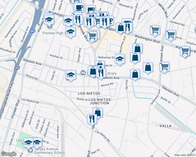 map of restaurants, bars, coffee shops, grocery stores, and more near in West Whittier-Los Nietos