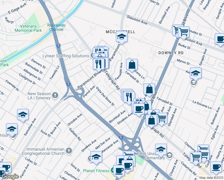 map of restaurants, bars, coffee shops, grocery stores, and more near 8621 Birchbark Avenue in Downey