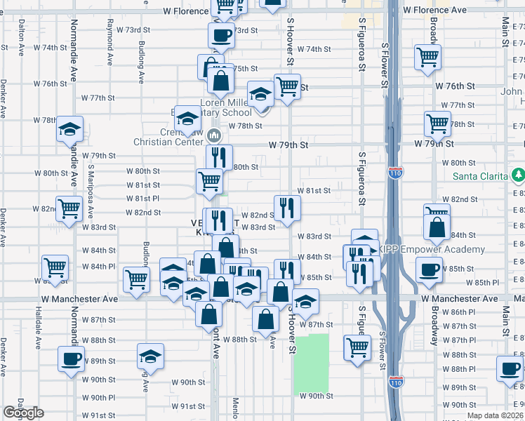 map of restaurants, bars, coffee shops, grocery stores, and more near 835 West 82nd Street in Los Angeles